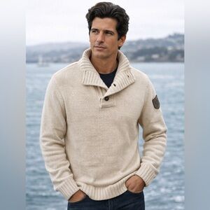 Eddie Bauer Timeless Shawl Collar Sweater Cream Wool Blend Heritage Patch -Large